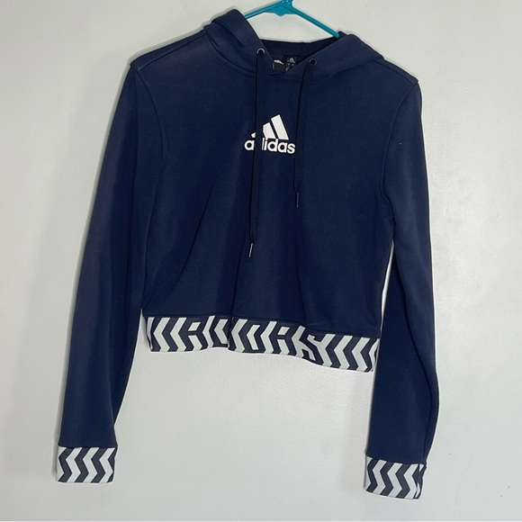 adidas Tops - ADIDAS Navy and White Cropped Three Stripe Life Hooded Sweatshirt Size Small
